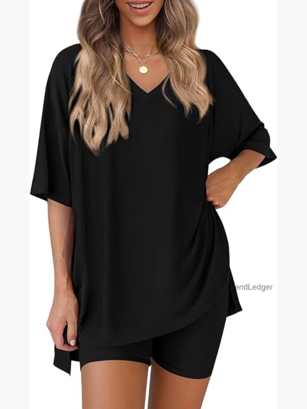 Women's 2-Piece Lounge Set V-Neck Top Biker Shorts Lightweight Stretchy